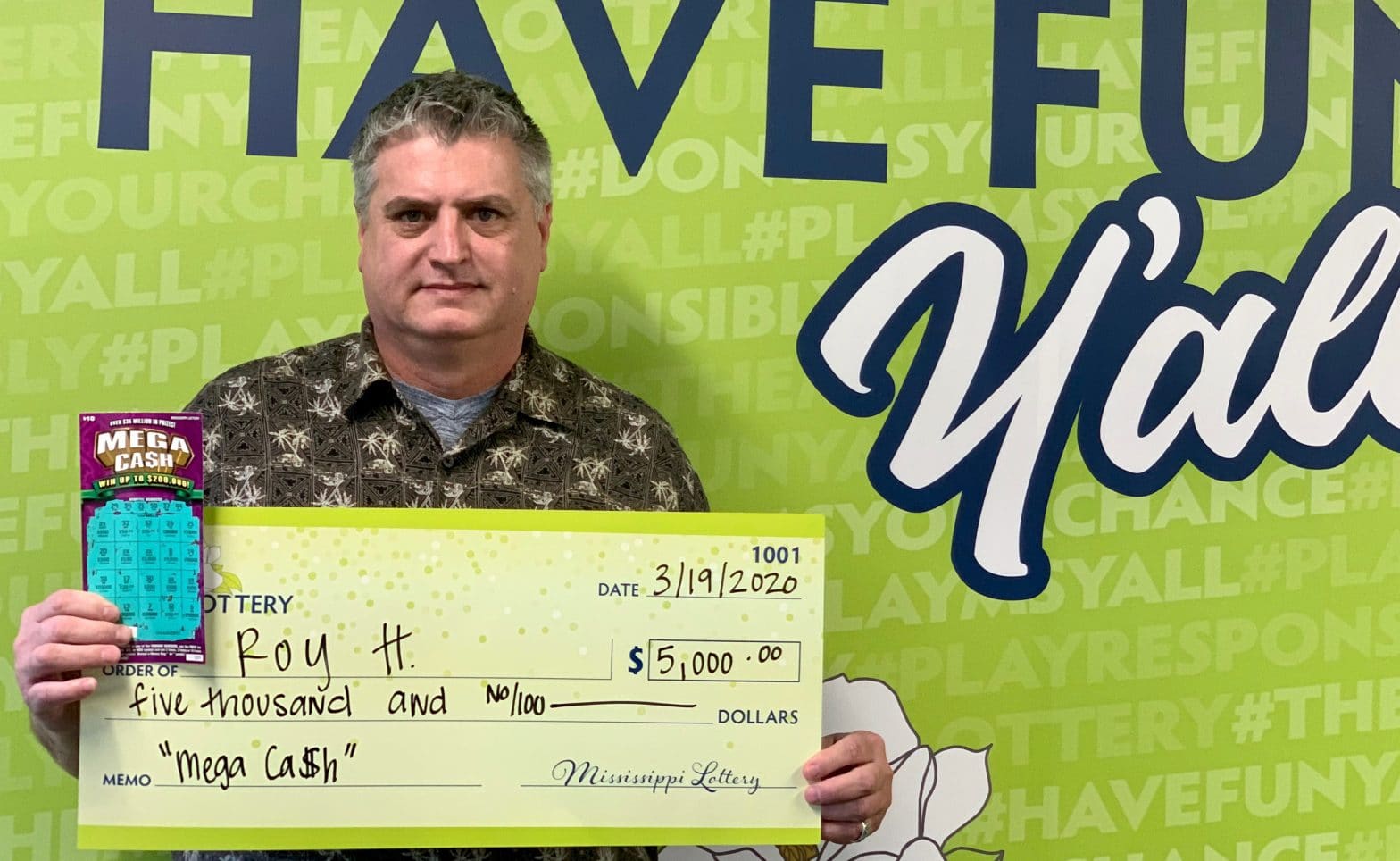 Roy H. of Tupelo said he's a loyal player at Gameday Haircuts & Spa. However on this lucky day, he made a stop at Bluesky # 735 located at 1817 N. Gloster on his way home to get gas. While getting gas, he decided to purchase a few tickets. Once home, he scratched his tickets and realized he had won $5,000 on a Mega Ca$h ticket. He told his wife, "We're goin' to Flowood!"