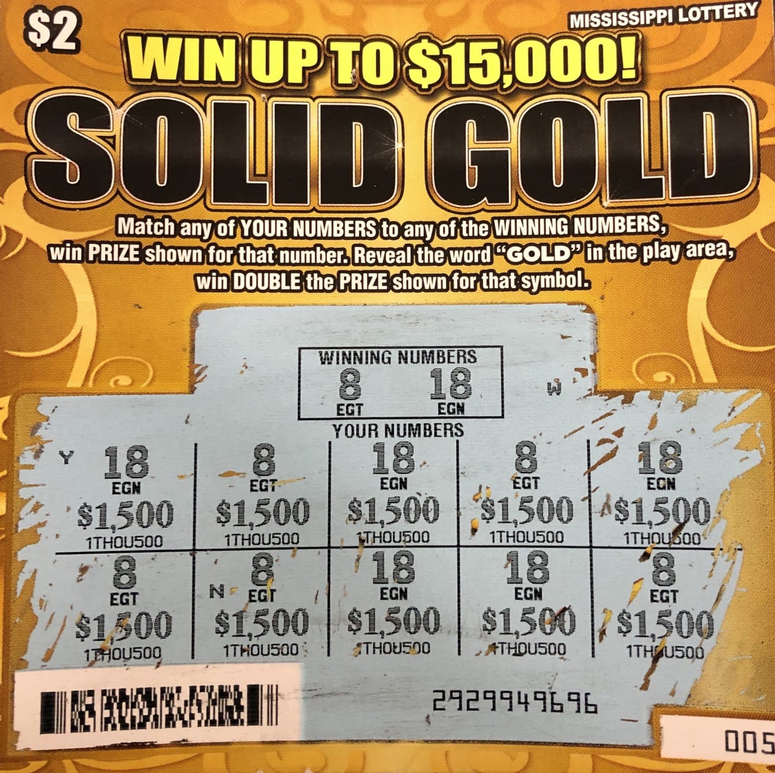 A Terry woman won $15,000 on a Solid Gold scratch-off game purchased from Quick Break 3 LLC located at 511 West Cunningham Ave., in Terry.