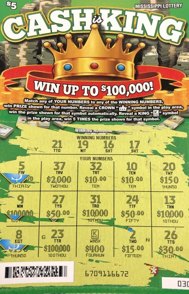 A Moss Point woman won $2,000 on a Cash is King scratch-off game purchased from Mano N. Casino Food Mart on Oak St. in Biloxi.