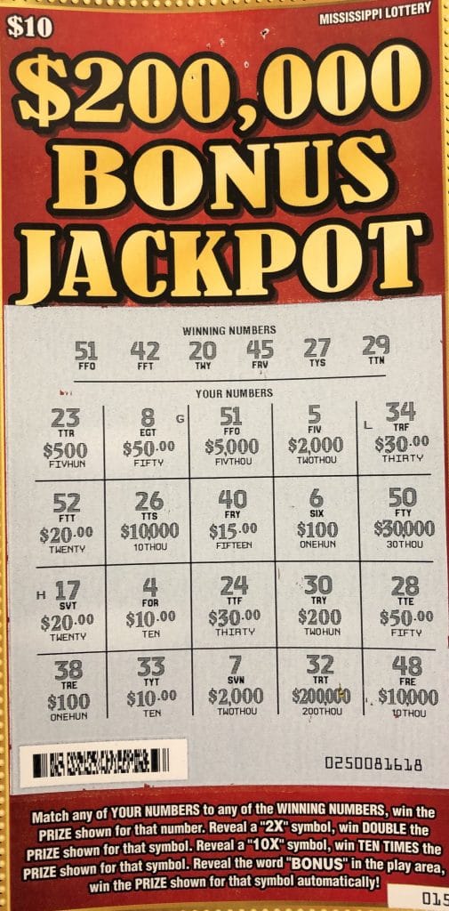 A Starkville woman won $5,000 from a $200k Bonus Jackpot scratch-off game purchased at Coconuts on University Dr. in Starkville.