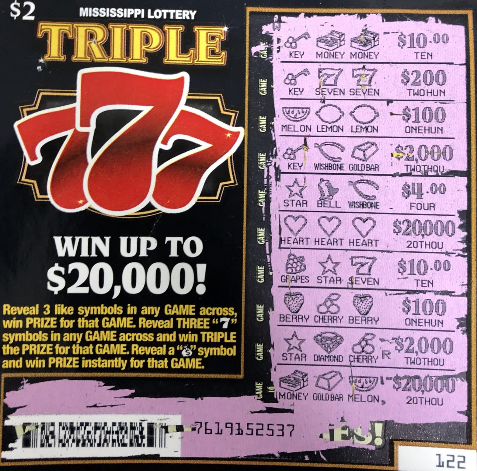 A Collins woman won $20,000 from a Triple 7s scratch-off game purchased at Rameys on Main St., Collins.