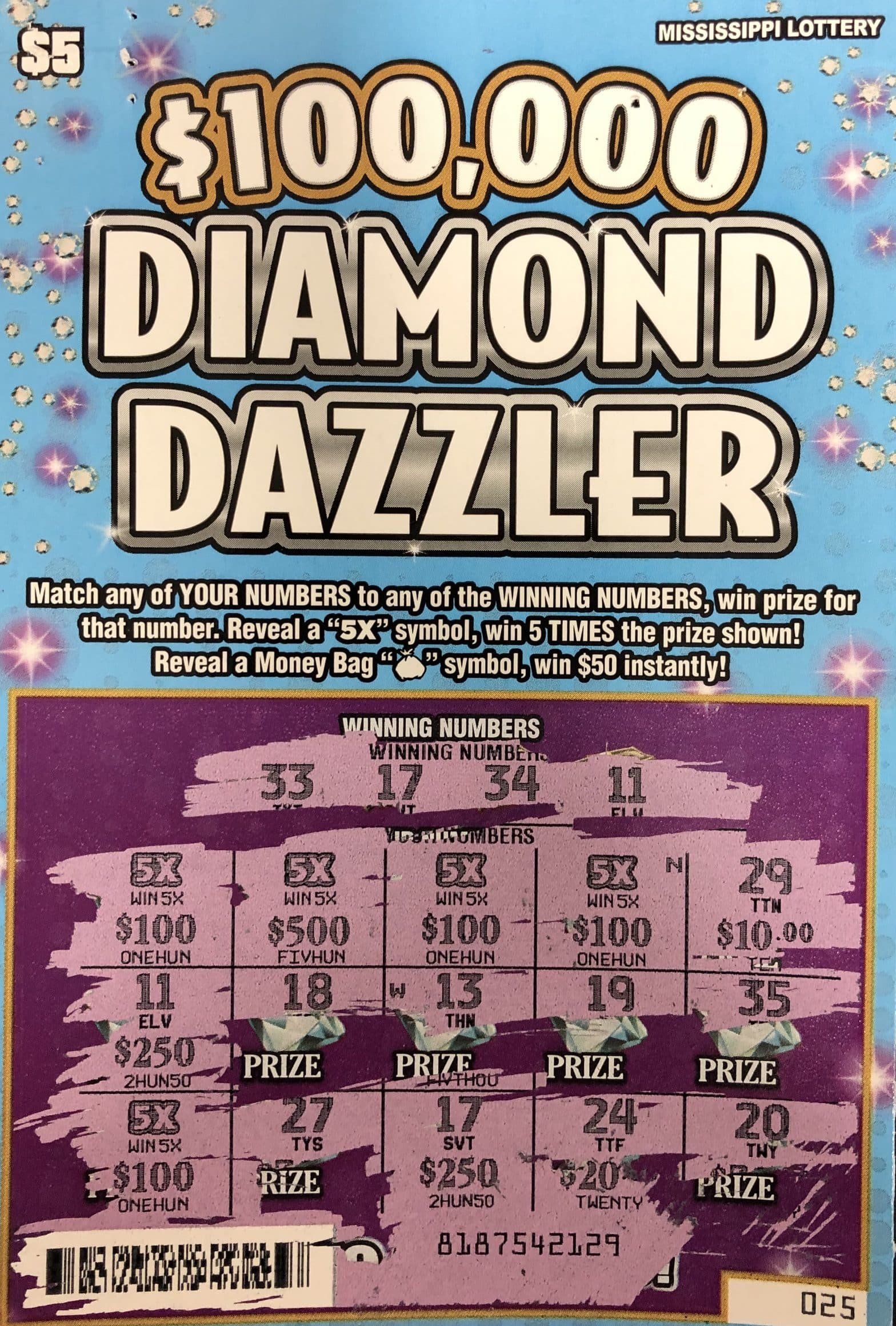 A Florence man won $5,000 from a $100k Diamond Dazzler scratch-off game purchased at Raceway on Airport Rd. S., Pearl.