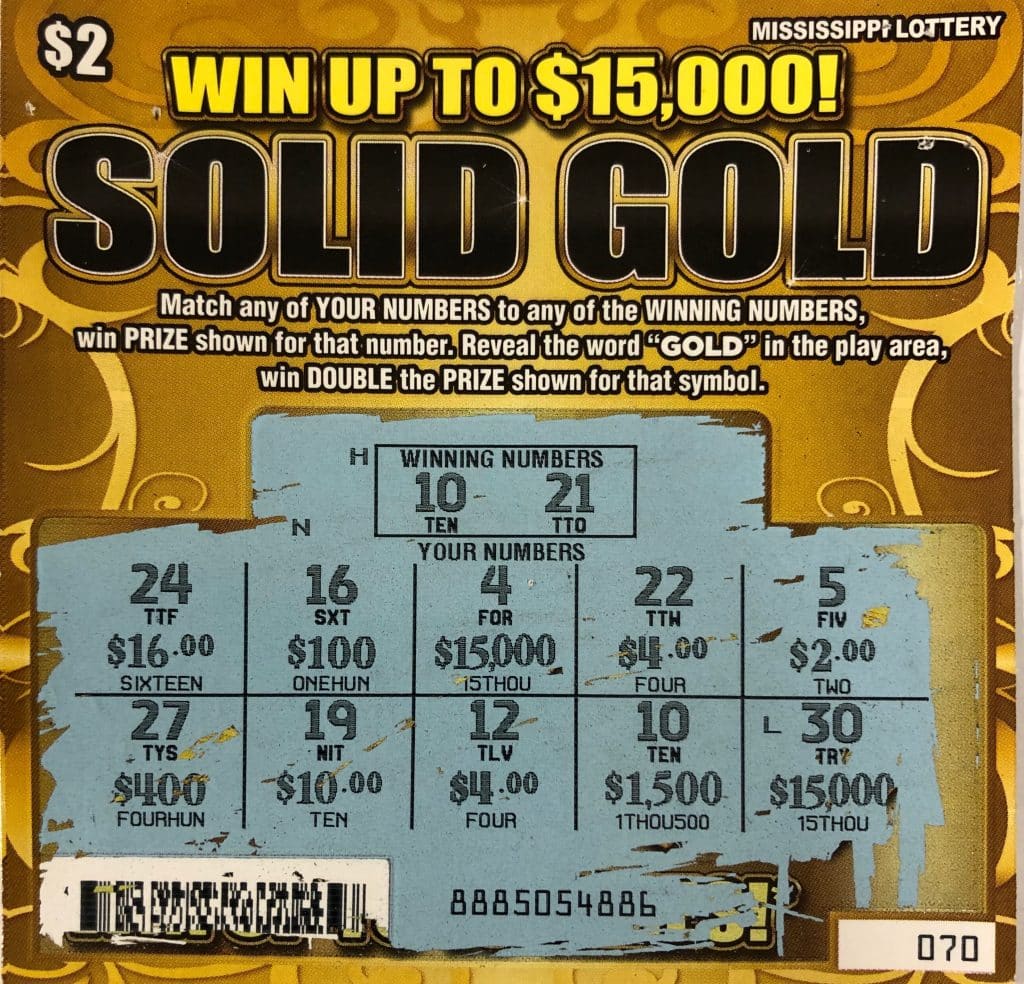 A Gloster woman won $1,500 on a Solid Gold scratch-off game purchased at Gloster Food Mart on North Captain Gloster Dr., Gloster.