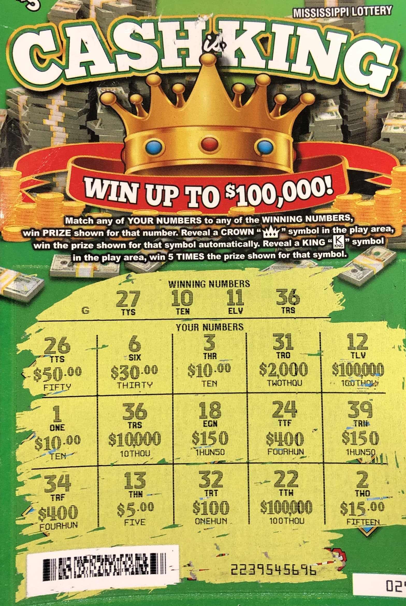 A Hickory Flat player won $10,000 from a Cash is King scratch-off game purchased at Murphy Oil on Chrystal Plaza Dr., New Albany.