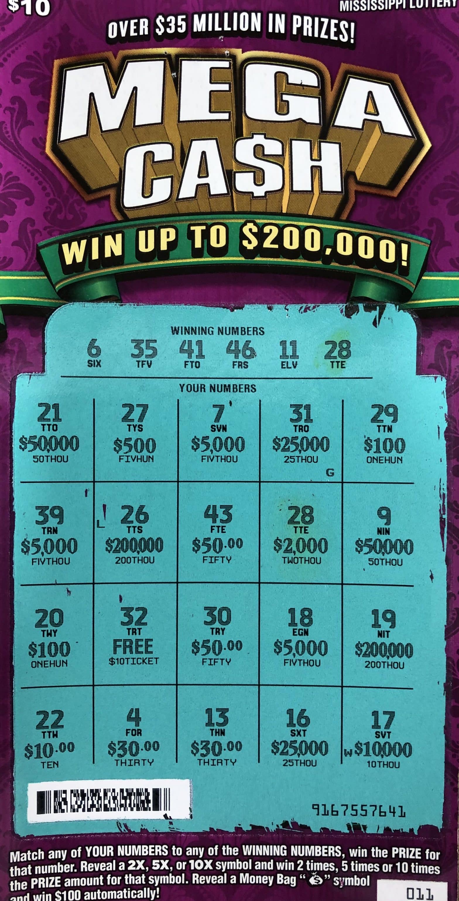 A Memphis man won $2,000 from a Mega Ca$h scratch-off game purchased at Singh and Sons 3 on Stateline Road West in Southaven.