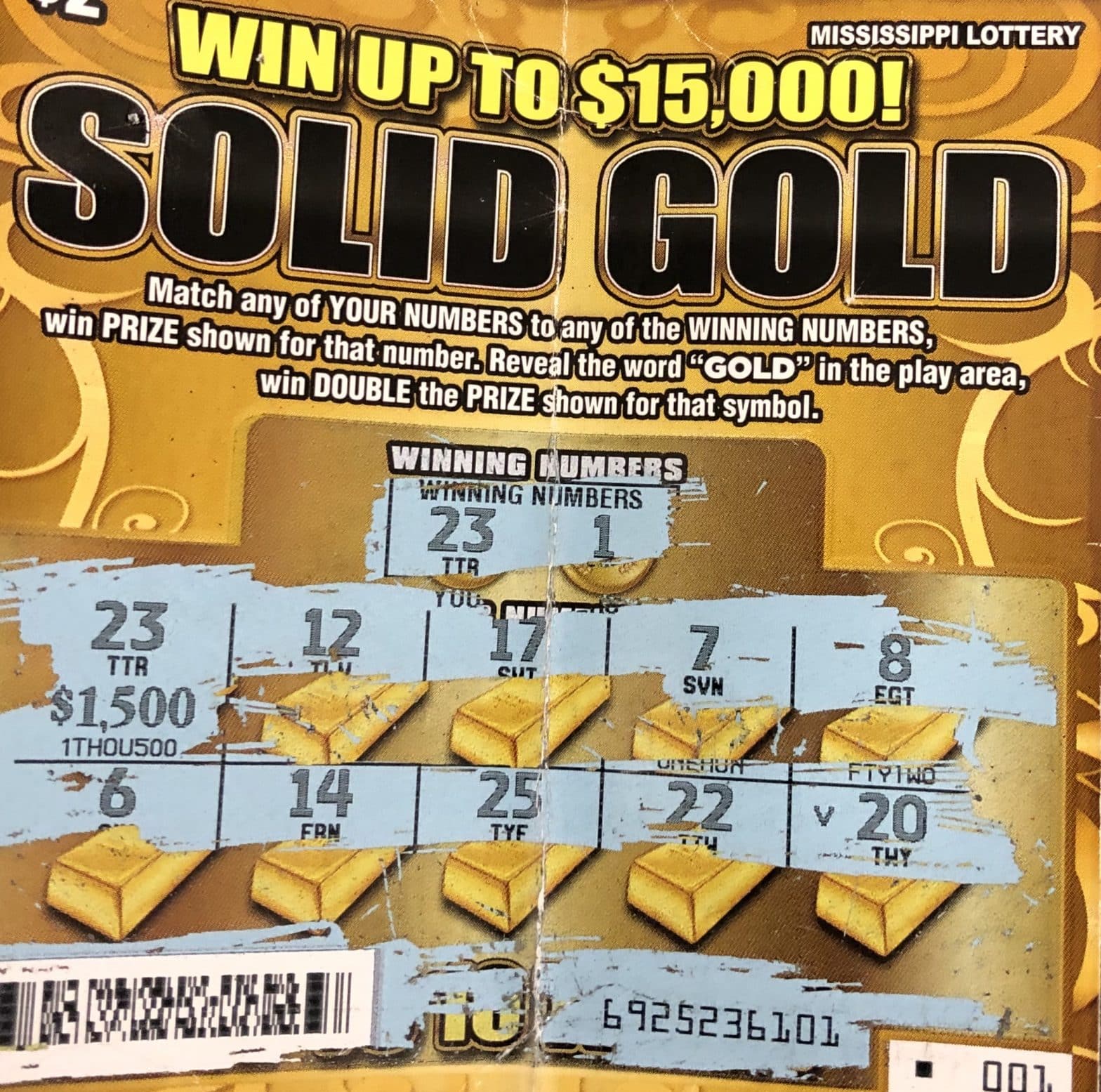 A Moss Point man won $1,500 from a Solid Gold scratch-off game purchased at Cheep Deepo on Hwy. 613, Moss Point.