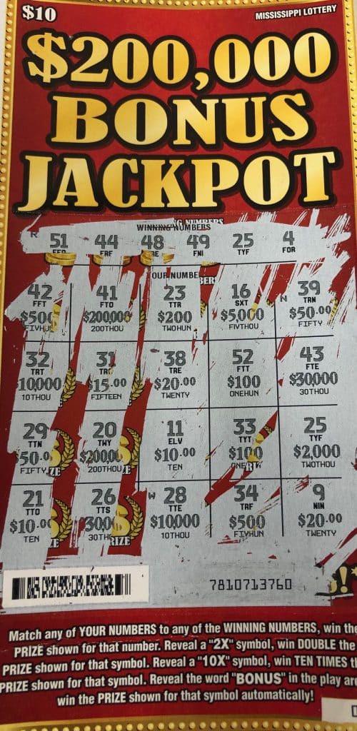 A Noxapater woman won $2,000 from a $200k Bonus Jackpot scratch-off game purchased at woody’s on Kilpatrick St., Noxapater.