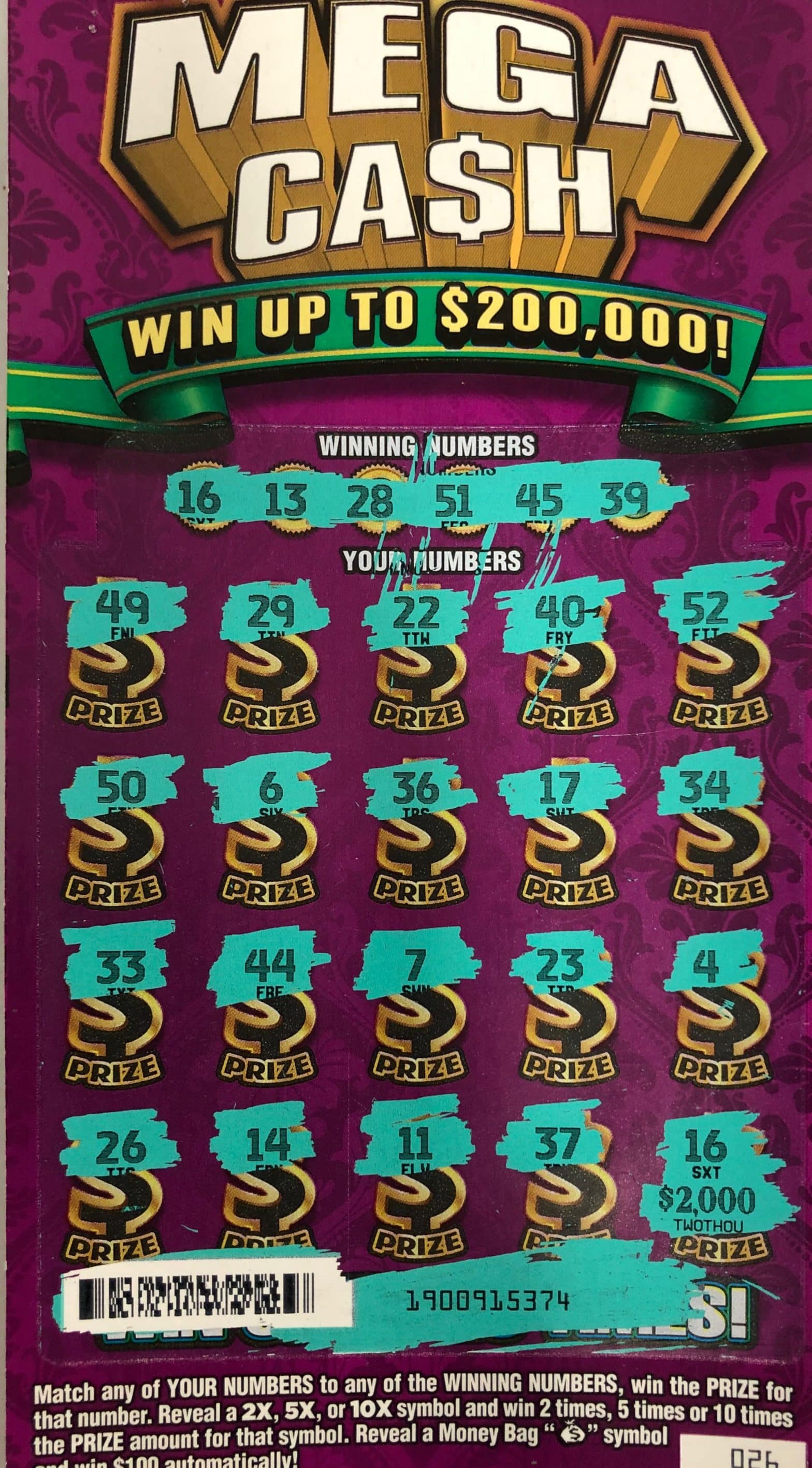 A Tupelo man won $2,000 from a Mega Ca$h scratch-off game purchased at Veruna Fast Stop on Raymond Ave., Tupelo.