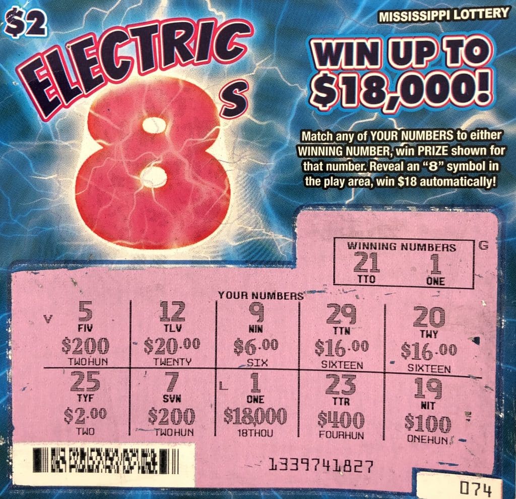 A Lucedale woman won $18,000 on an Electric 8s scratch-off game purchased at JR. Food Mart on Central Ave. West, Wiggins.