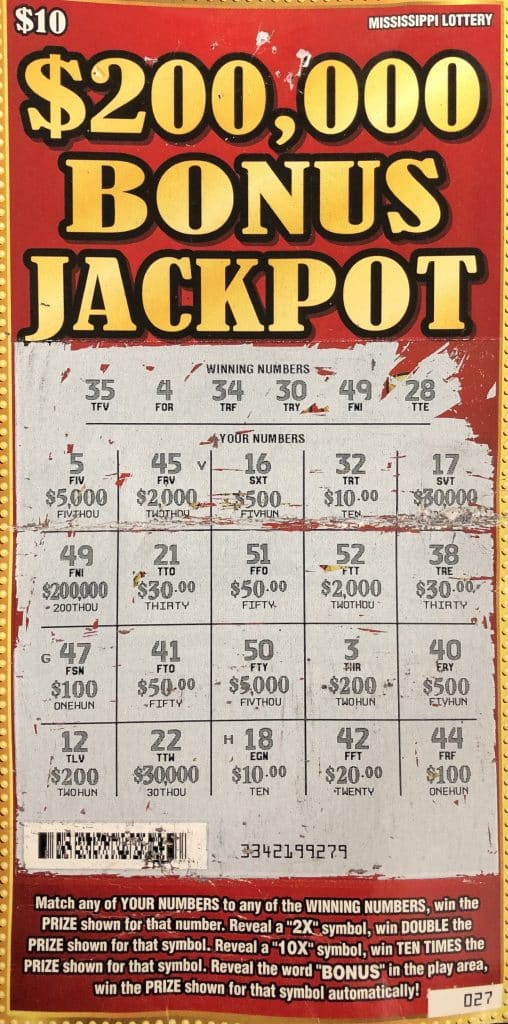 A Pearl man won $200,000 on a $200,000 Bonus Jackpot scratch-off game purchased from Fuel Time 8 on S. Pearson Rd., Pearl.