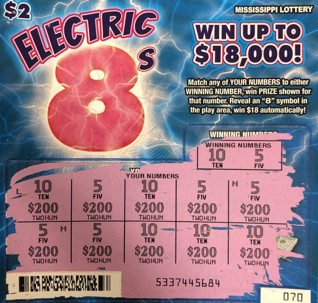 A Hattiesburg man won $2,000 on an Electric 8s scratch-off game purchased at Dandy Dan’s on West Pine, Hattiesburg.