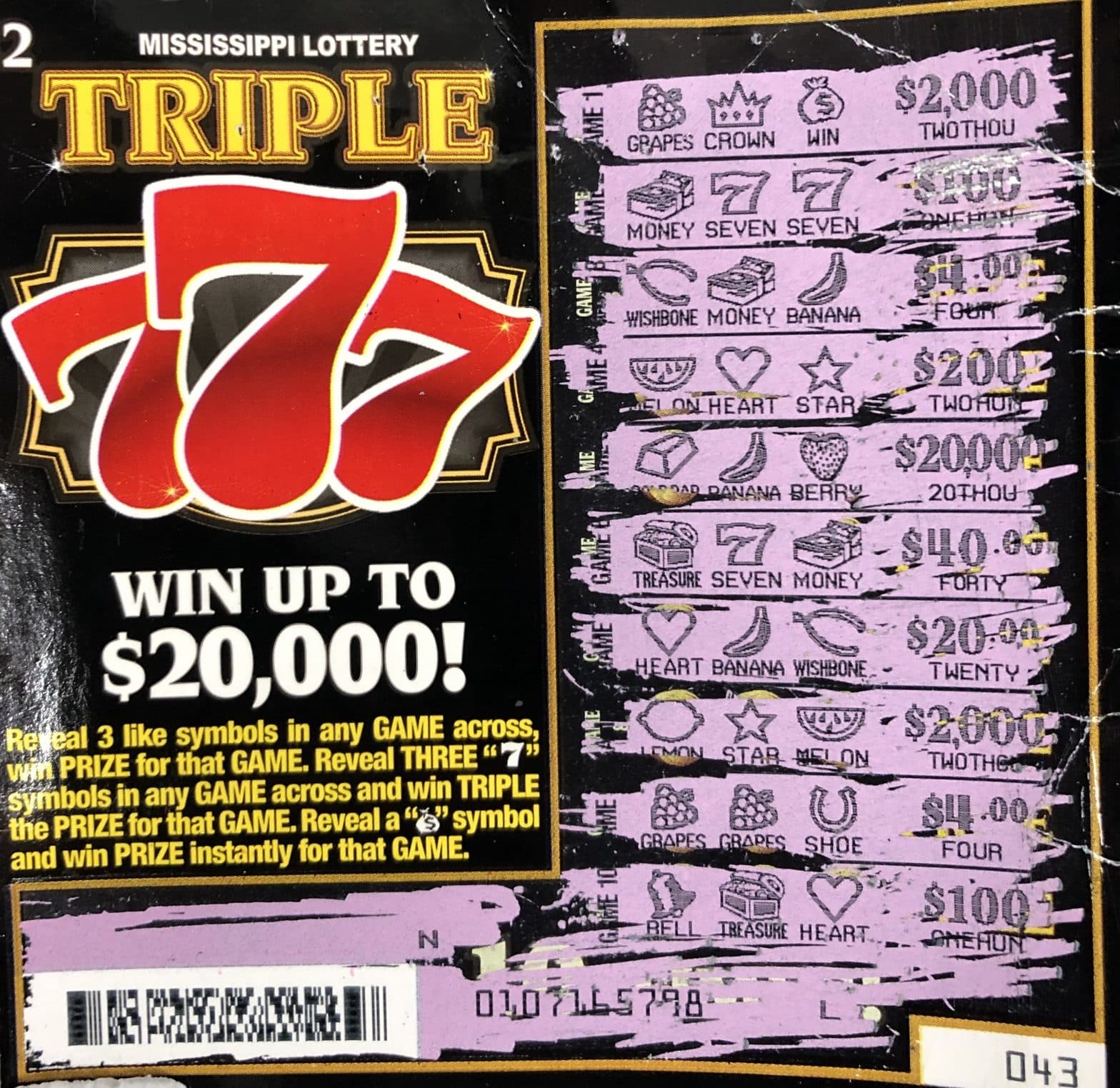 A Clinton man won $2,000 on a Triple 7s scratch-off game purchased from Circle K on HWY 80 W., Clinton.