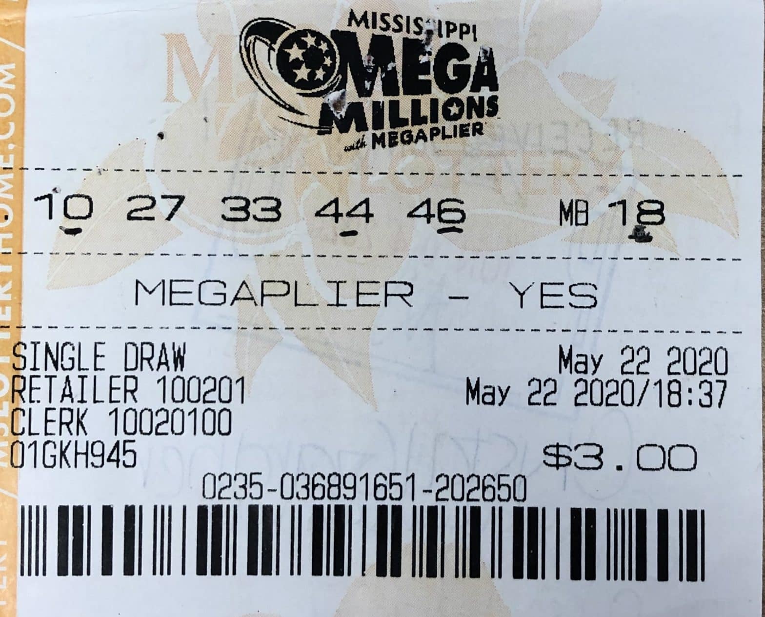 A Carthage player won $800 on a Mega Millions ticket purchased from Fair Market-Carthage on HWY 35 S., Carthage.