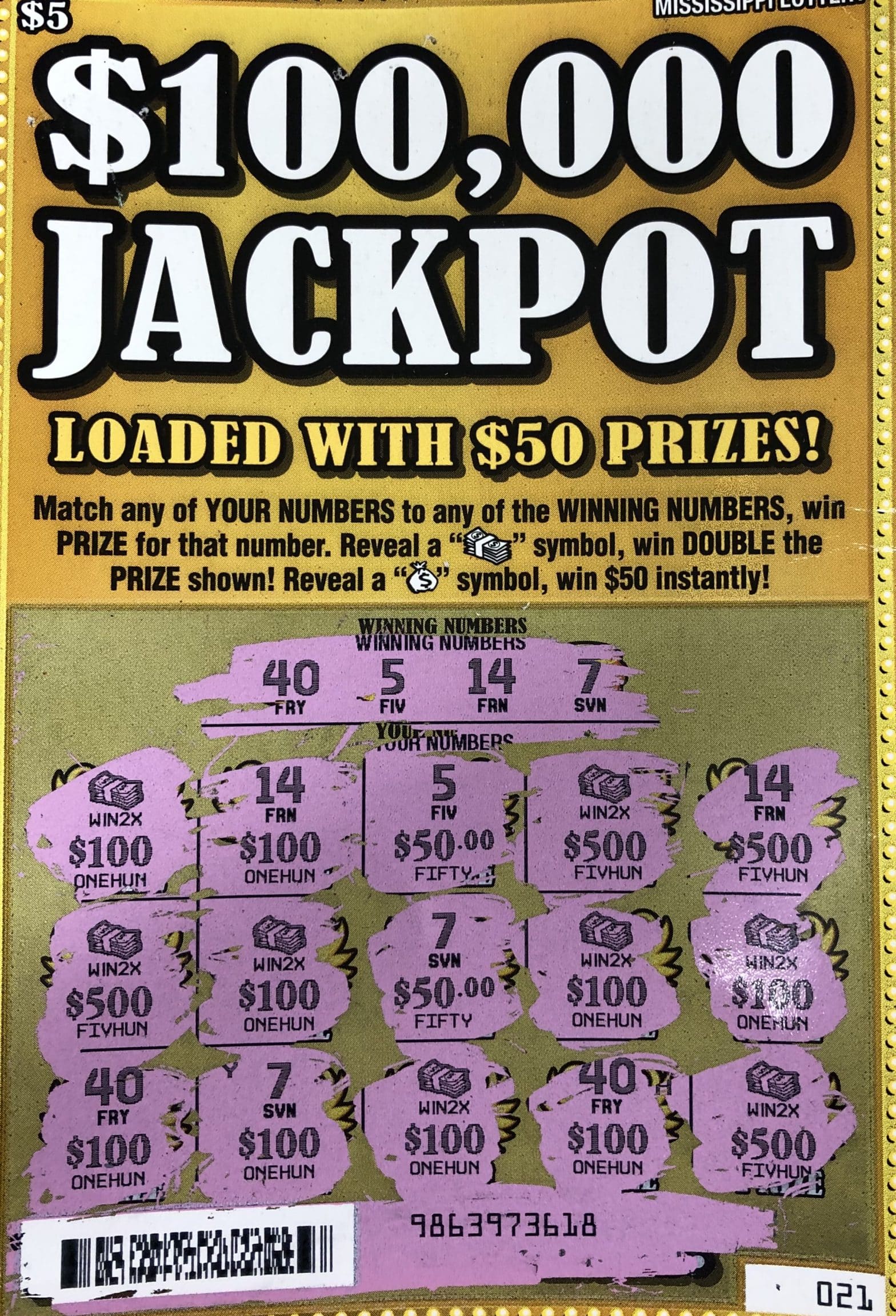 A Benton woman won $5,000 on a $100K Jackpot scratch-off game purchased from Benton Truck Stop located on HWY 16 E., in Benton.