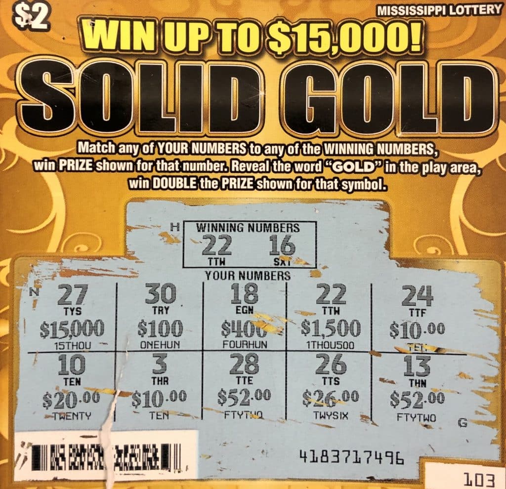 A Calhoun City woman won $1,500 on a Solid Gold scratch-off game purchased from Calhoun Discount Tobacco on Public Square, Calhoun City.