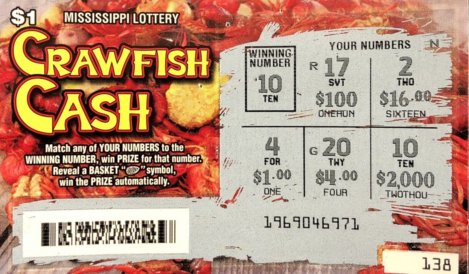 A Carthage player won $2,000 on a Crawfish Cash scratch-off game purchased at Shell Mart Carthage on Hwy. 16 E., Carthage.