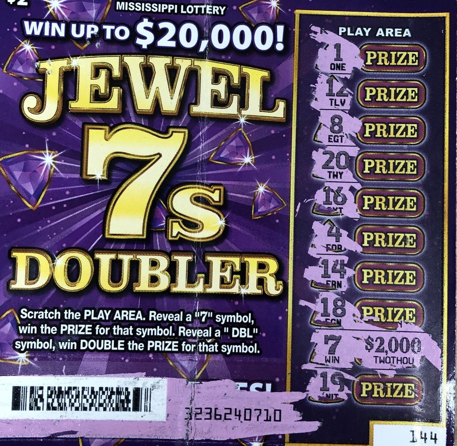 A Collins woman won $2,000 on a Jewel 7s Doubler scratch-off game purchased from Fast Mart 22 located on Main St., in Collins.