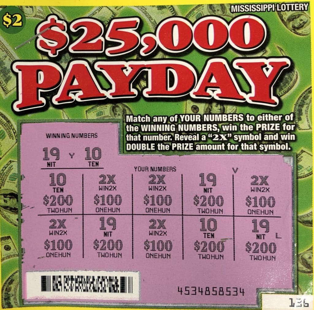 A Glendora player won $2,000 on a $25,000 Payday scratch-off game purchased from Farmer's Shop on Tippo Rd., Charleston.