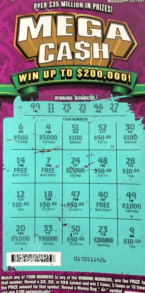 A Guntown player won $2,000 on a Mega Ca$h scratch-off game purchased from Dodge Store #6701 on E. Main St., Tupelo.