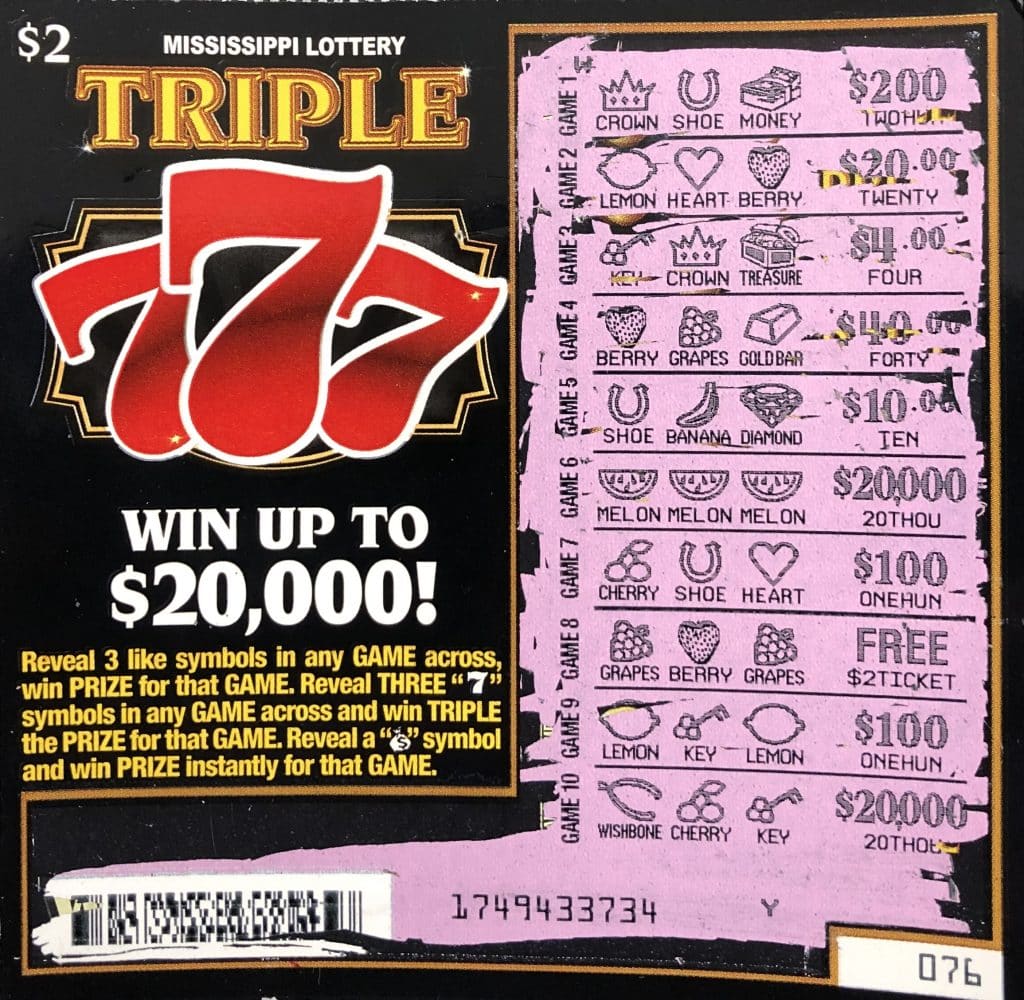 A Hinds County woman won $20,000 on a Triple 7s scratch-off game purchased at Phillips 66 Food Plaza on Hwy. 28, Hazlehurst. This was her first time to purchase a scratch-off game, and the only one she bought!