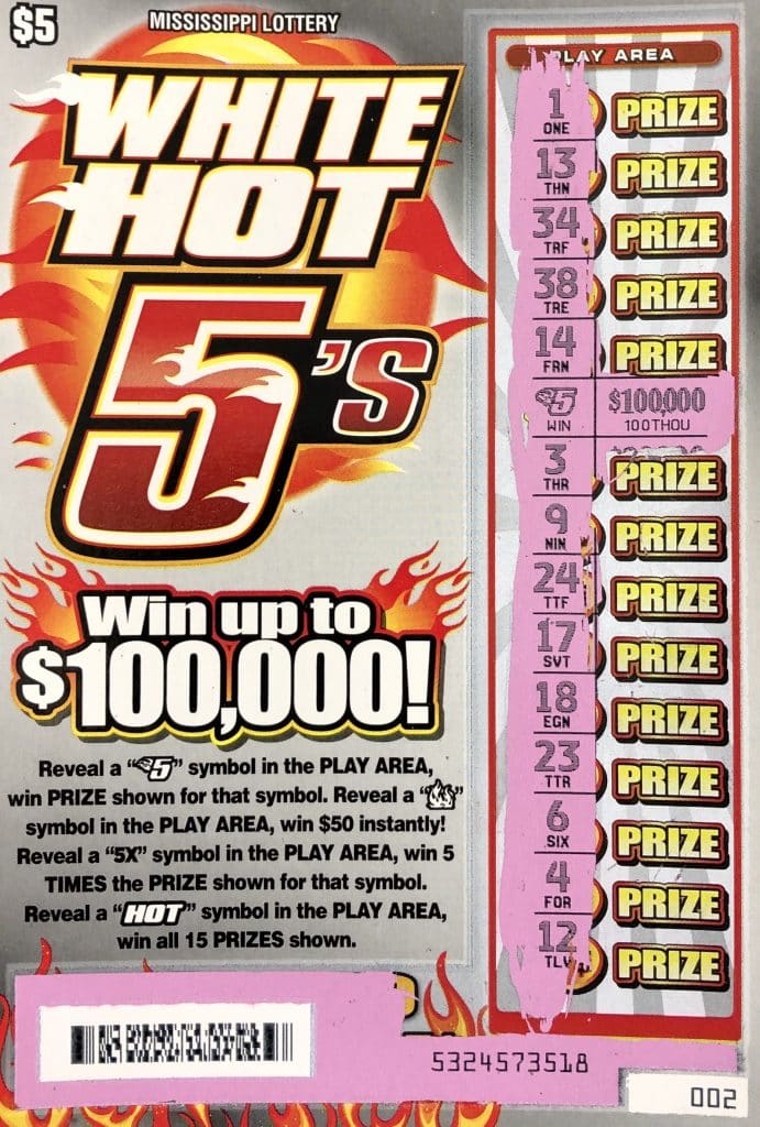 An Indianola woman won $100,000 on a White Hot 5s scratch-off game purchased at 82 Express on Hwy. 82 W., Indianola.