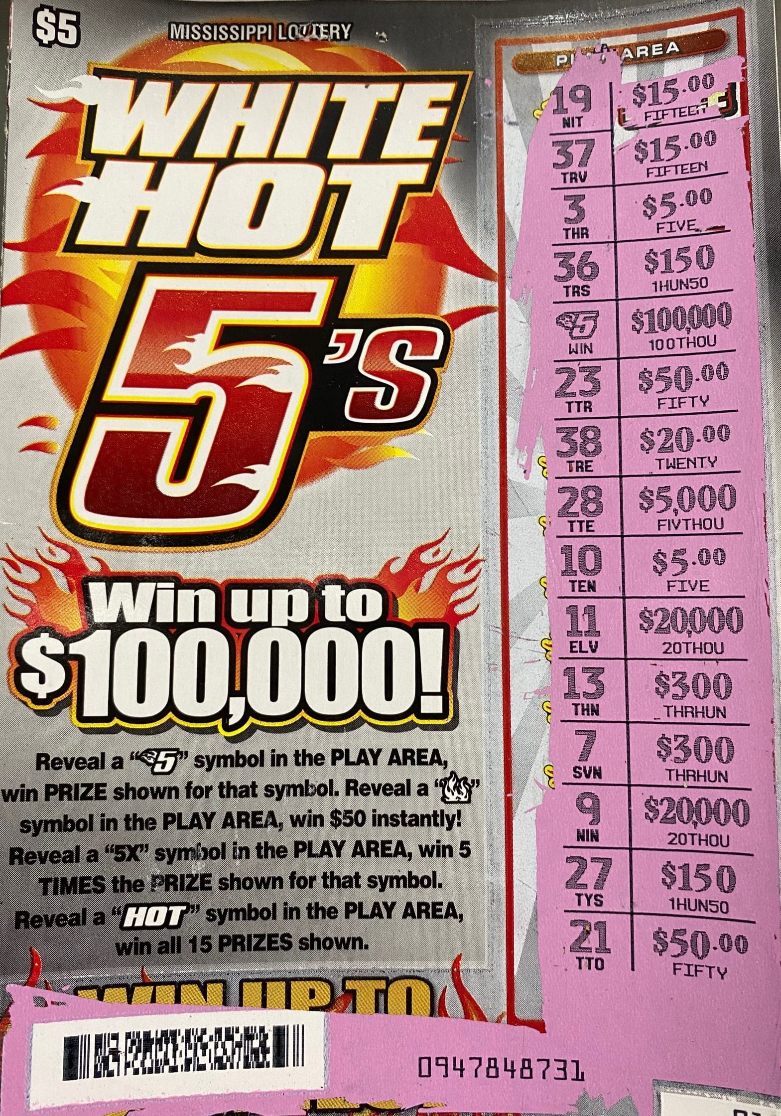 A Leake County man won $100,000 on a White Hot 5s scratch-off game purchased at Briars Foodmart 2 on N. Woodland Dr., Forest.