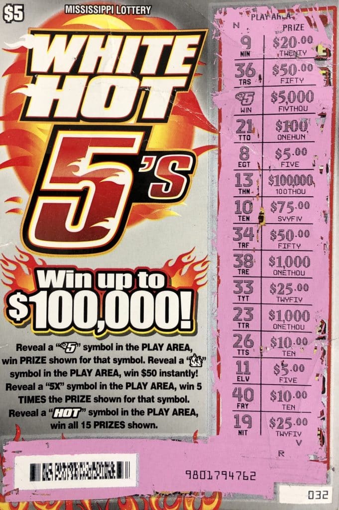 A Louisville woman won $5,000 on a White Hot 5s scratch-off game purchased at Woody’s on Kilpatrick St., Noxapater.