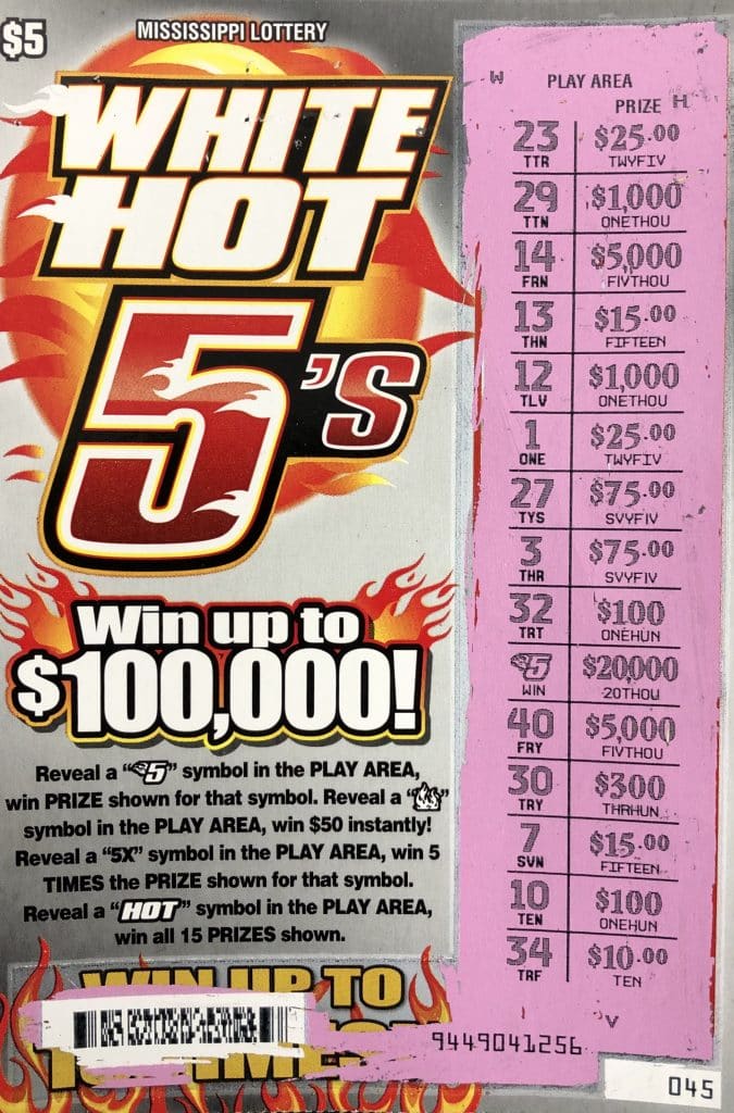 A Moss Point woman won $20,000 on a White Hot 5s scratch-off game purchased at H & H Chevron on Hwy. 63, Moss Point. This has been her favorite game to play since the lottery introduced it!!