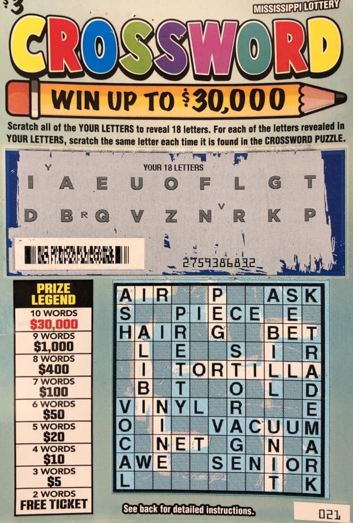 A Pascagoula man won $1,000 on a Crossword scratch-off game purchased at Dodge Store on Hwy. 90 W., Gautier.