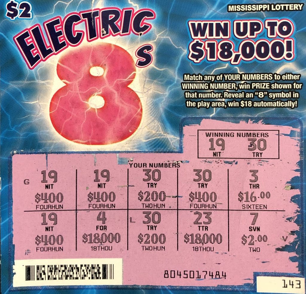 A Vancleave woman won $2,000 on an Electric 8s scratch-off game purchased at Fort Ramsay Corner Store on Jim Ramsay, Vancleave.