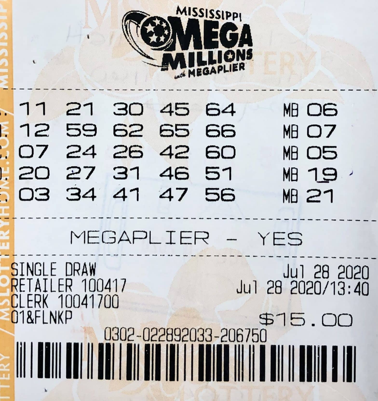 An Attala County player won $800 on a Mega Millions ticket purchased at Sing Food Mart on S. Natchez St., Kosciusko.