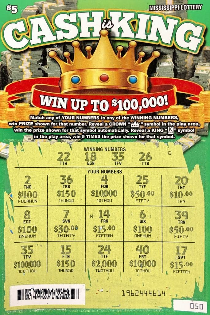 A Clarke County man won $100,000 on a Cash is King scratch-off game purchased at Alliance Travel Center on Hwy. 18, Pachuta.