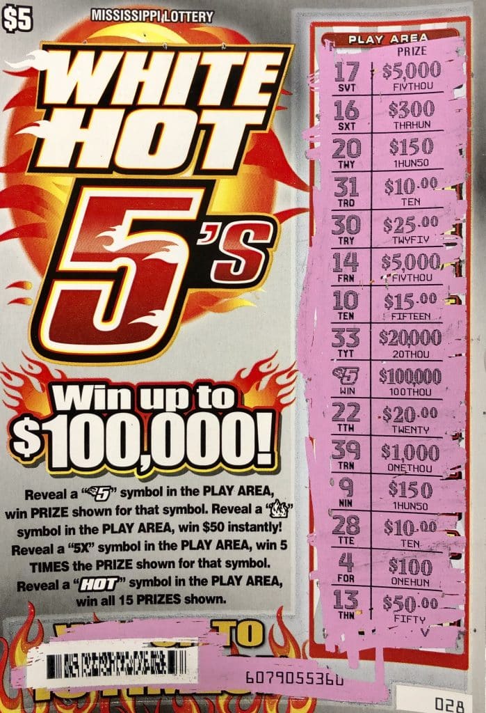 A Columbus woman won $100,000 on a White Hot 5s scratch-off game purchased at Texaco Food Mart on Hwy. 45 N., Columbus.