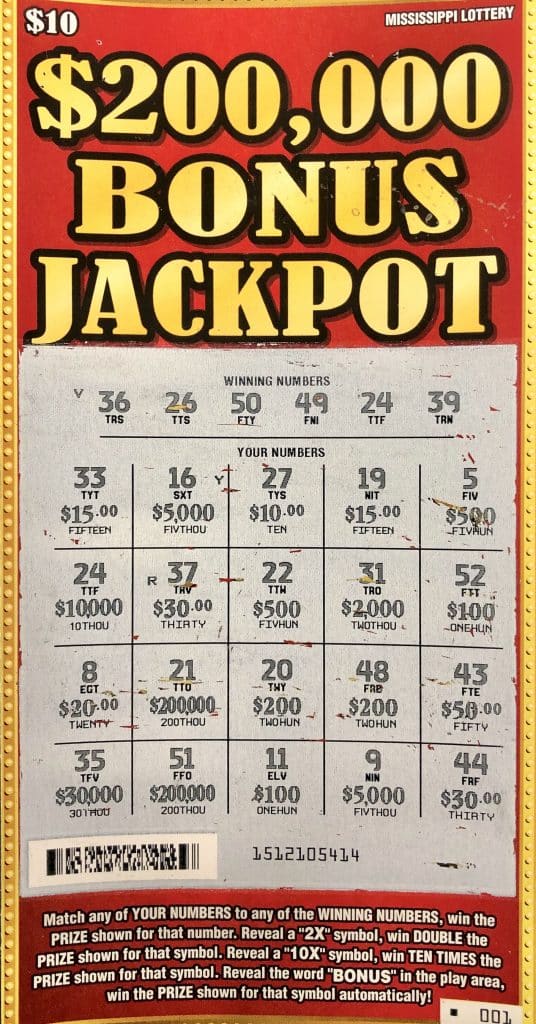 A Columbus woman won $10,000 on a $200k Bonus Jackpot scratch-off game purchased at Tenn Tom Express on Hwy. 388, Brooksville.