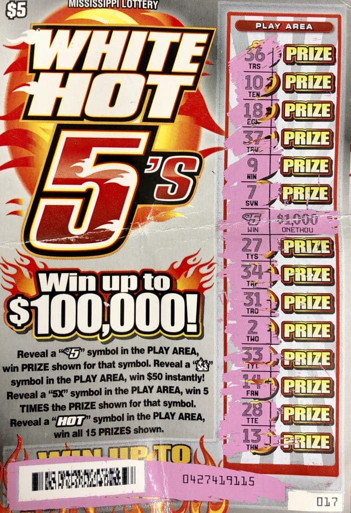 A Gulfport woman won $1,000 on a White Hot 5s scratch-off game purchased at Dannys Food Mart on 28th St., Gulfport.