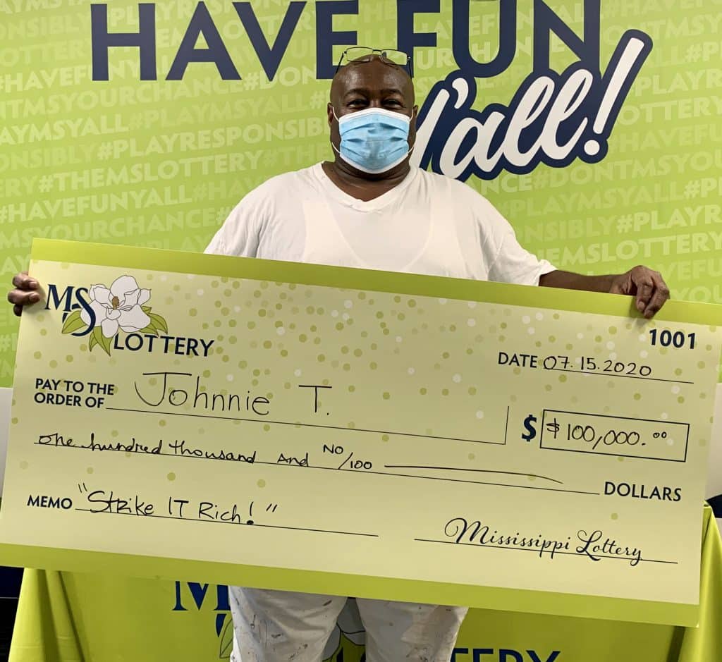 Johnnie T. of Jackson won $100,000 on a Strike It Rich scratch-off game purchased at Circle K on Rice Road, Ridgeland. He bought the ticket this morning and could not believe his eyes…or luck!