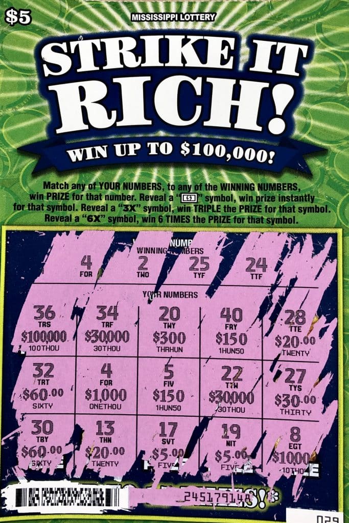 A Kosciusko player won $1,000 on a Strike it Rich scratch-off game purchased from Sid Grocery LLC on HWY 12 W., Kosciusko.