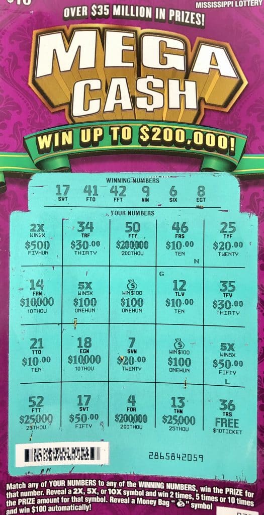 A Magee player won $2,000 on a Mega Ca$h scratch-off ticket purchased at CEFCO on Simpson Hwy. 49 S., Magee.