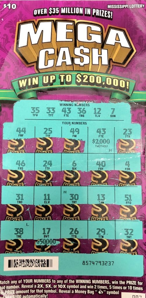 A Potts Camp player won $2,000 on a Mega Ca$h scratch-off game purchased at Potts Camp Food Mart on Church Ave., Potts Camp.