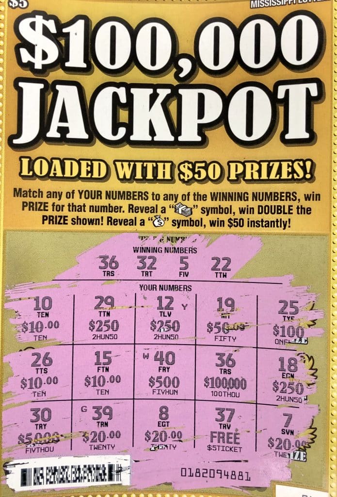 A Starkville woman won $100,000 on a $100,000 Jackpot scratch-off game purchased at Sprint Mart on Hwy. 12 West, Starkville.