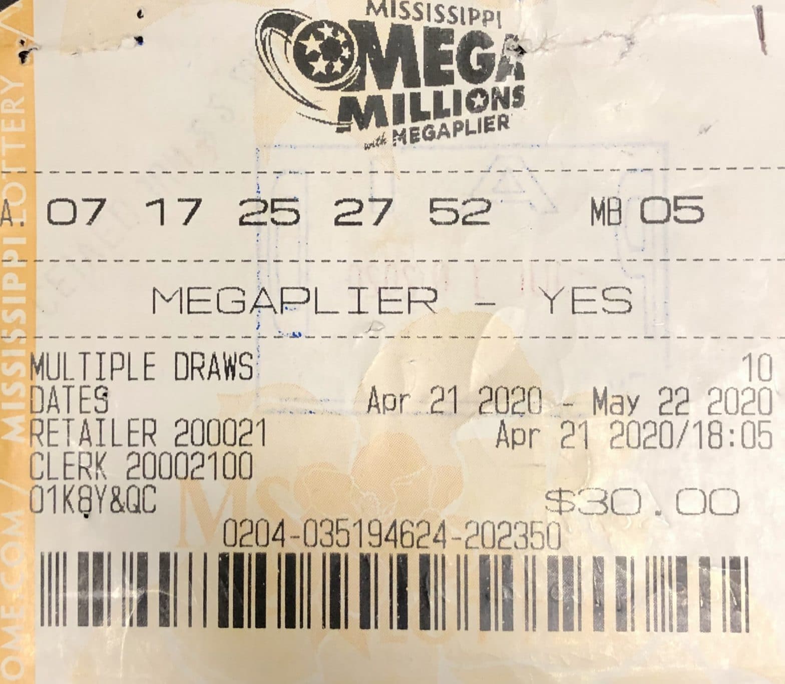 A Tuscaloosa, Ala., man won $1,000 on a Mega Millions ticket purchased from Toomsuba Sunoco on Will Garrett Rd., Toomsuba.