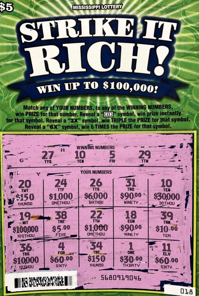 A Winston County woman won $30,000 on a Strike It Rich scratch-off game purchased at Ryans Food & Fuel on Frontage Rd., Macon.