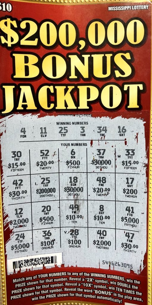 A Hinds County man won $200,000 on a $200,000 Bonus Jackpot scratch-off game purchased from PMC LLC on Woodrow Wilson, Jackson.