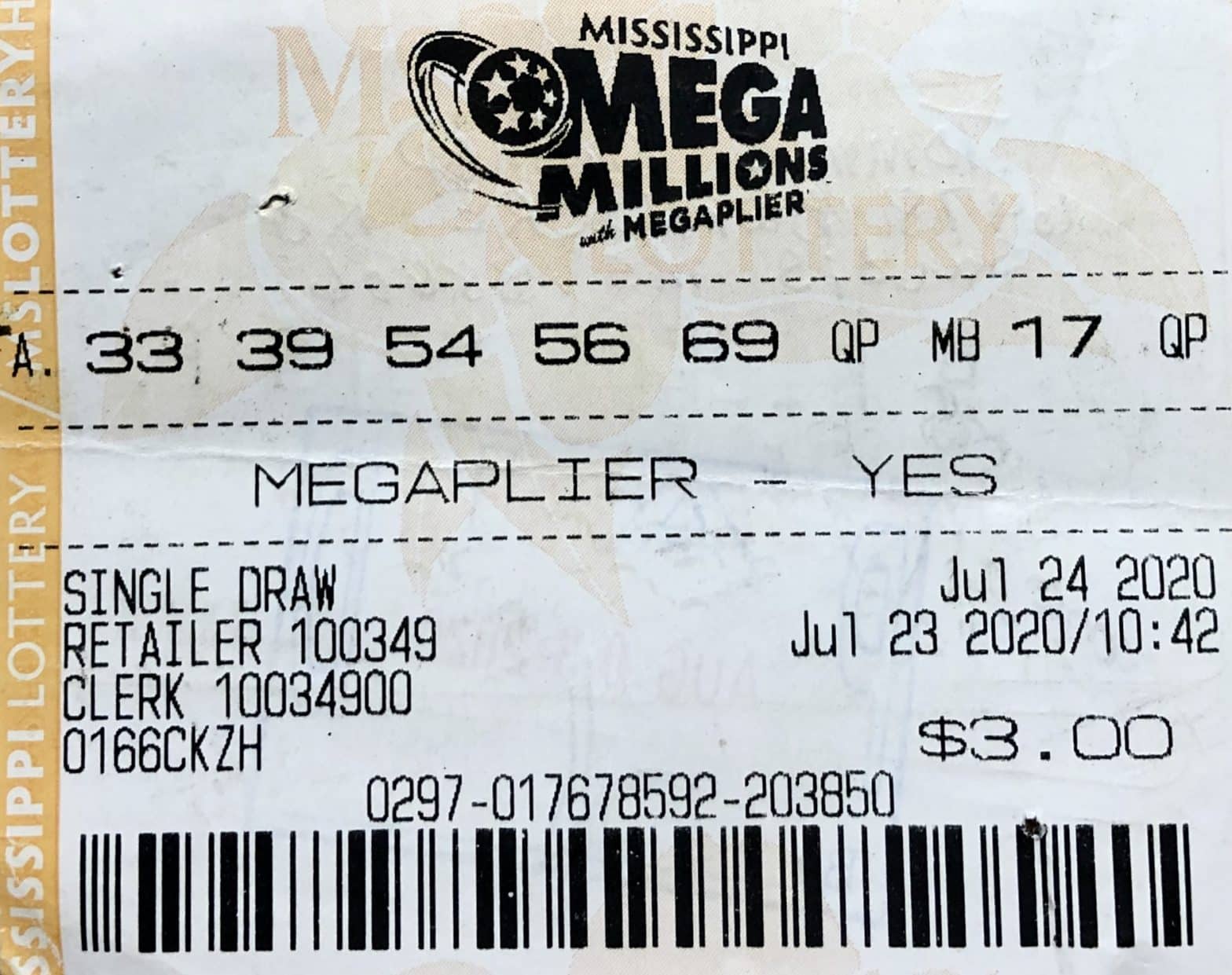 A Sardis player won $600 on a Mega Millions ticket purchased from Batesville Express LLC on HWY 6, Batesville.