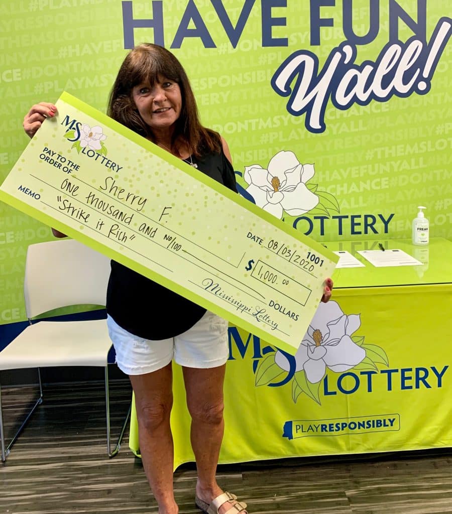 Sherry F. of Montgomery County won $1,000 on a Strike it Rich scratch-off game purchased from Sprint Mart on HWY 12 W., Starkville.