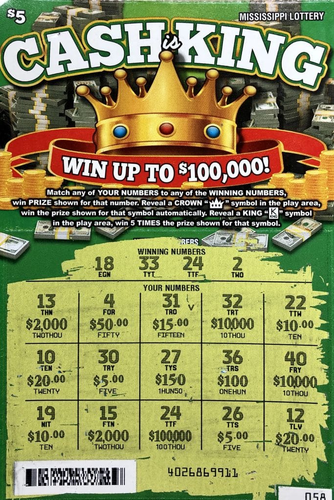 A Stone County man won $100,000 on a Cash is King scratch-off game purchased from Ramsey Spring General Store on Cut Off Rd., Perkinston.