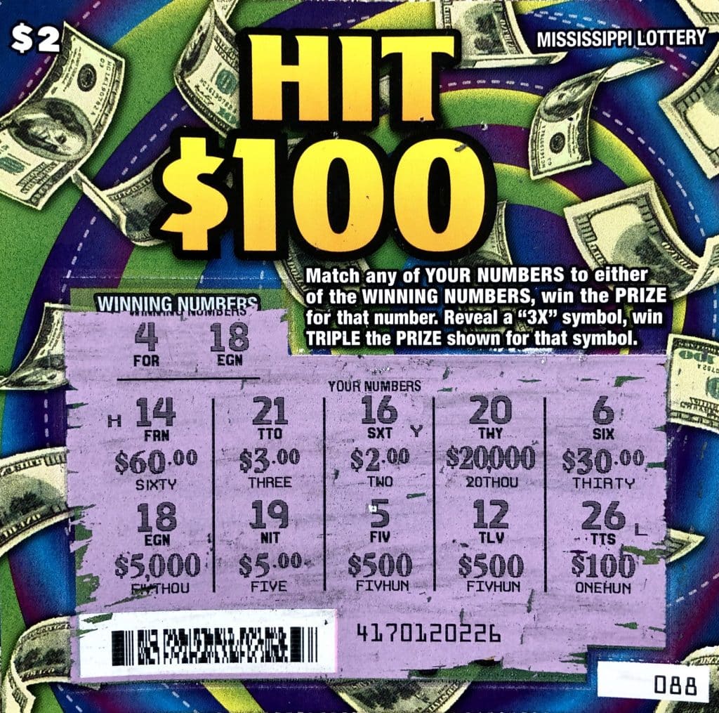 A Tupelo man won $5,000 on a Hit $100 scratch-off game purchased at Papa V’s on Raymond Ave., Verona.