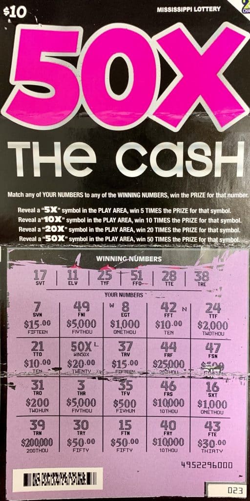 A Carthage man won $1,000 on a 50X the Cash scratch-off game purchased from Sam's Exxon LLC on Highway 25, Flowood.