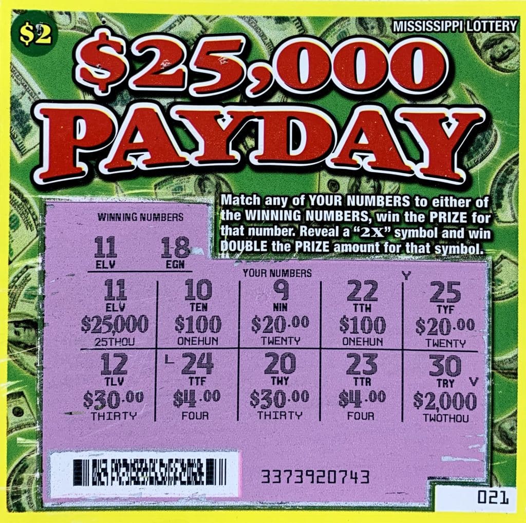 A Crystal Springs woman won $25,000 on a $25,000 PayDay scratch-off game purchased at Brando’s Discount Tobacco & Beverage on Hwy. 51, Crystal Springs.