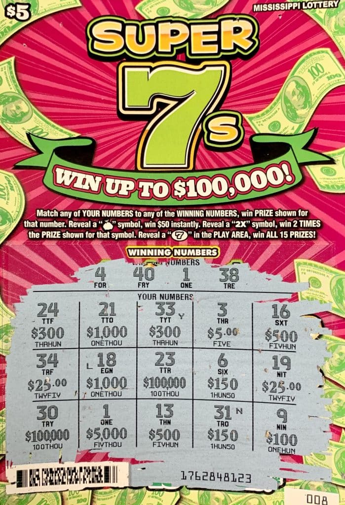 A Florence man won $5,000 on a Super 7s scratch-off game purchased at Chevron Byram on S. Siwell Rd., Byram.